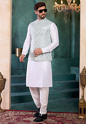 Woven Art Silk Jacquard Kurta Set in Light Blue and White