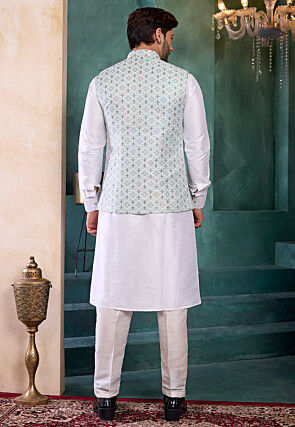 Woven Art Silk Jacquard Kurta Set in Light Blue and White