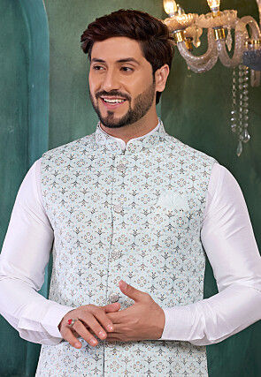 Woven Art Silk Jacquard Kurta Set in Light Blue and White