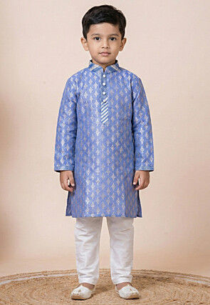 Woven Art Silk Jacquard Kurta Set in Light Blue