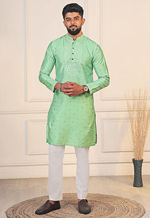 Woven Art Silk Jacquard Kurta Set in Light Green