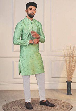 Woven Art Silk Jacquard Kurta Set in Light Green