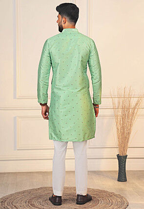 Woven Art Silk Jacquard Kurta Set in Light Green
