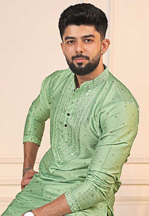 Woven Art Silk Jacquard Kurta Set in Light Green