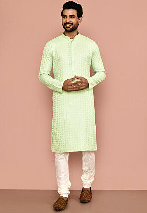 Woven Art Silk Jacquard Kurta Set in Light Green