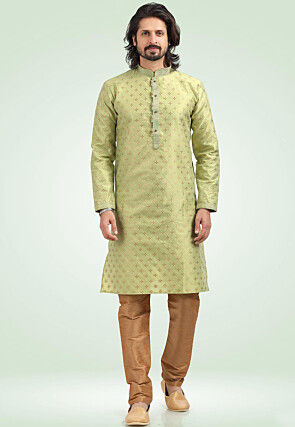 Woven Art Silk Jacquard Kurta Set in Light Green