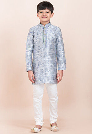 Woven Art Silk Jacquard Kurta Set in Light Grey