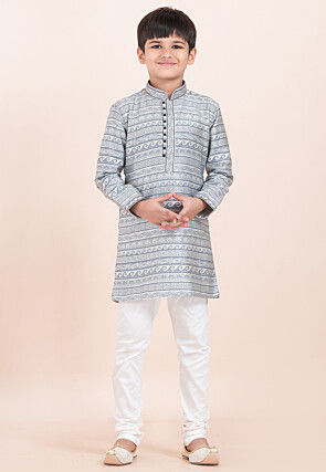 Woven Art Silk Jacquard Kurta Set in Light Grey