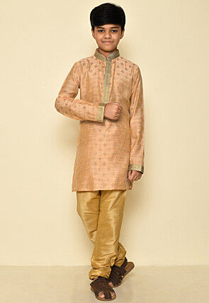 Woven Art Silk Jacquard Kurta Set in Light Peach