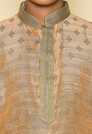 Woven Art Silk Jacquard Kurta Set in Light Peach