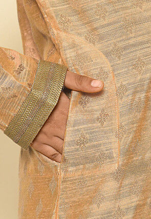 Woven Art Silk Jacquard Kurta Set in Light Peach