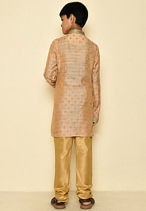 Woven Art Silk Jacquard Kurta Set in Light Peach
