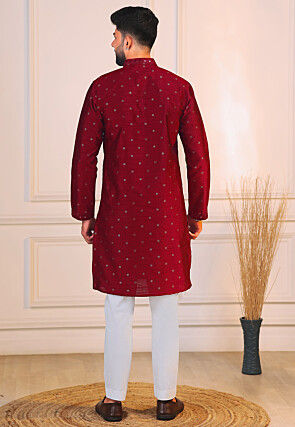 Woven Art Silk Jacquard Kurta Set in Maroon