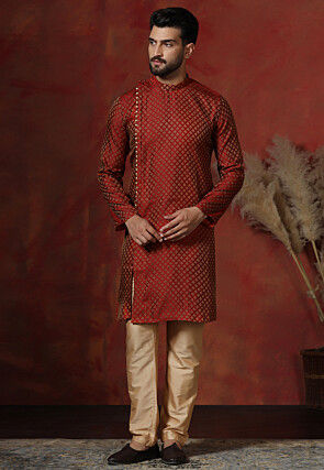 Woven Art Silk Jacquard Kurta Set in Maroon