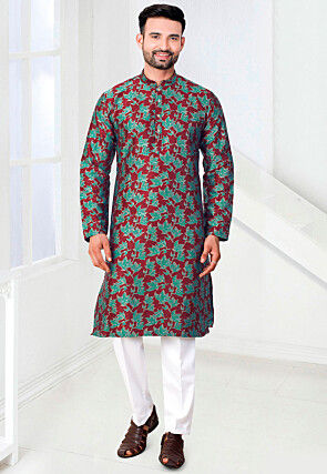 Woven Art Silk Jacquard Kurta Set in Maroon