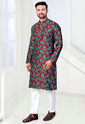 Woven Art Silk Jacquard Kurta Set in Maroon