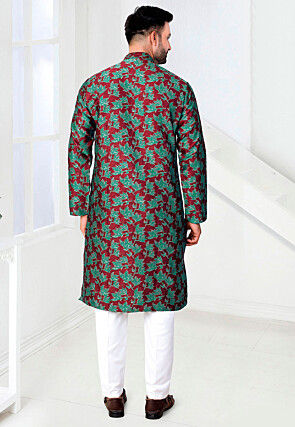 Woven Art Silk Jacquard Kurta Set in Maroon