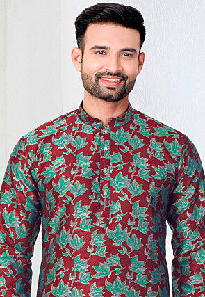 Woven Art Silk Jacquard Kurta Set in Maroon