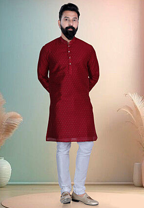 Woven Art Silk Jacquard Kurta Set in Maroon
