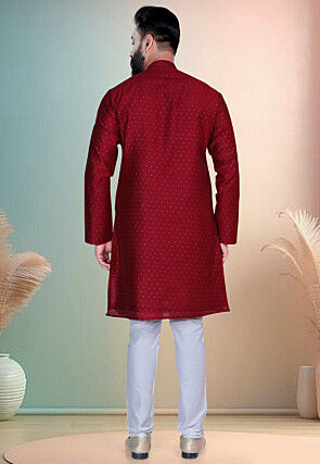 Woven Art Silk Jacquard Kurta Set in Maroon