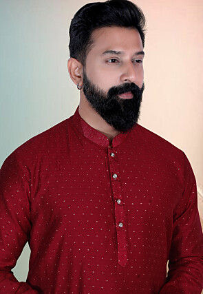 Woven Art Silk Jacquard Kurta Set in Maroon