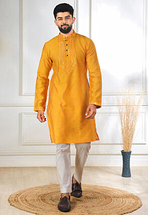 Woven Art Silk Jacquard Kurta Set in Mustard