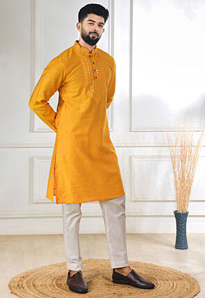 Woven Art Silk Jacquard Kurta Set in Mustard