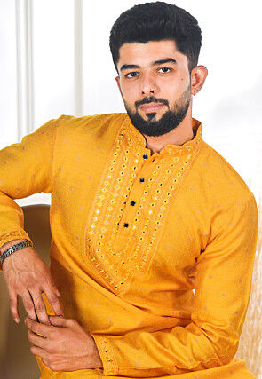Woven Art Silk Jacquard Kurta Set in Mustard