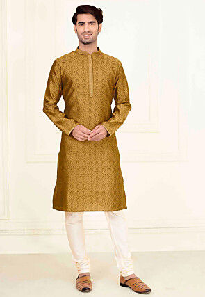 Woven Art Silk Jacquard Kurta Set in Mustard