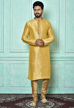 Woven Art Silk Jacquard Kurta Set in Mustard