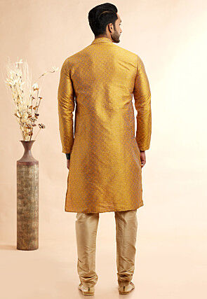Woven Art Silk Jacquard Kurta Set in Mustard