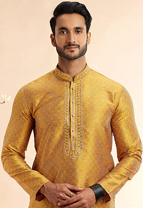 Woven Art Silk Jacquard Kurta Set in Mustard