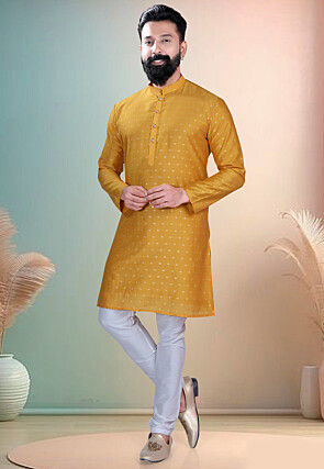 Woven Art Silk Jacquard Kurta Set in Mustard