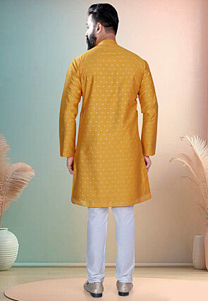 Woven Art Silk Jacquard Kurta Set in Mustard
