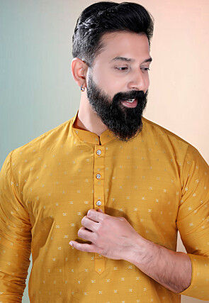 Woven Art Silk Jacquard Kurta Set in Mustard