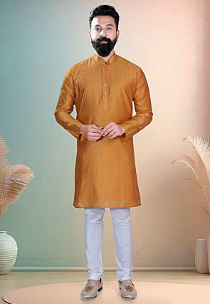 Woven Art Silk Jacquard Kurta Set in Mustard