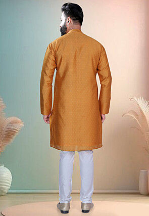 Woven Art Silk Jacquard Kurta Set in Mustard