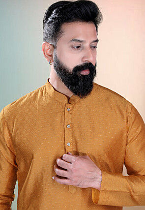 Woven Art Silk Jacquard Kurta Set in Mustard