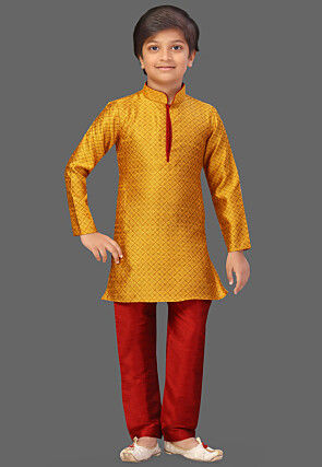 Woven Art Silk Jacquard Kurta Set in Mustard
