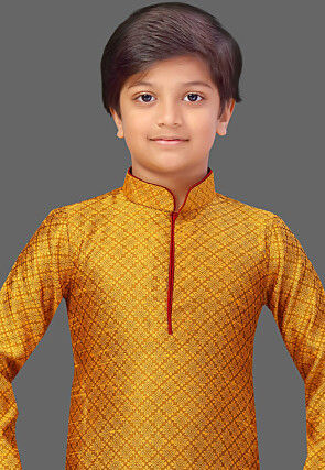 Woven Art Silk Jacquard Kurta Set in Mustard