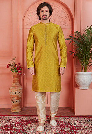 Woven Art Silk Jacquard Kurta Set in Mustrad