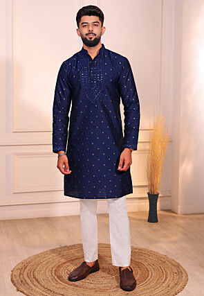 Woven Art Silk Jacquard Kurta Set in Navy Blue