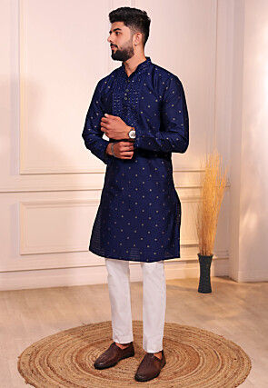 Woven Art Silk Jacquard Kurta Set in Navy Blue
