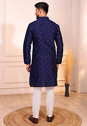 Woven Art Silk Jacquard Kurta Set in Navy Blue