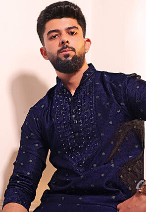 Woven Art Silk Jacquard Kurta Set in Navy Blue