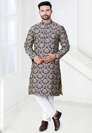 Woven Art Silk Jacquard Kurta Set in Navy Blue