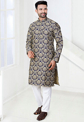 Woven Art Silk Jacquard Kurta Set in Navy Blue