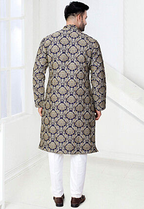 Woven Art Silk Jacquard Kurta Set in Navy Blue
