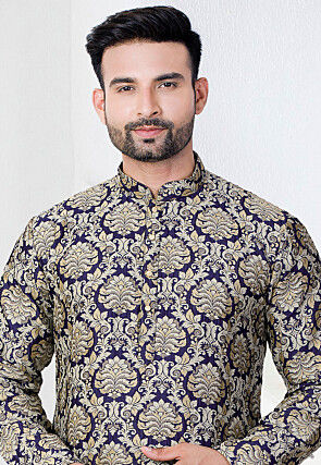 Woven Art Silk Jacquard Kurta Set in Navy Blue