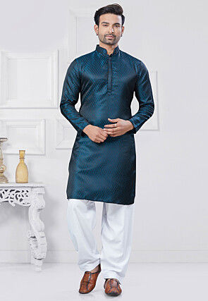 Woven Art Silk Jacquard Kurta Set in Navy Blue